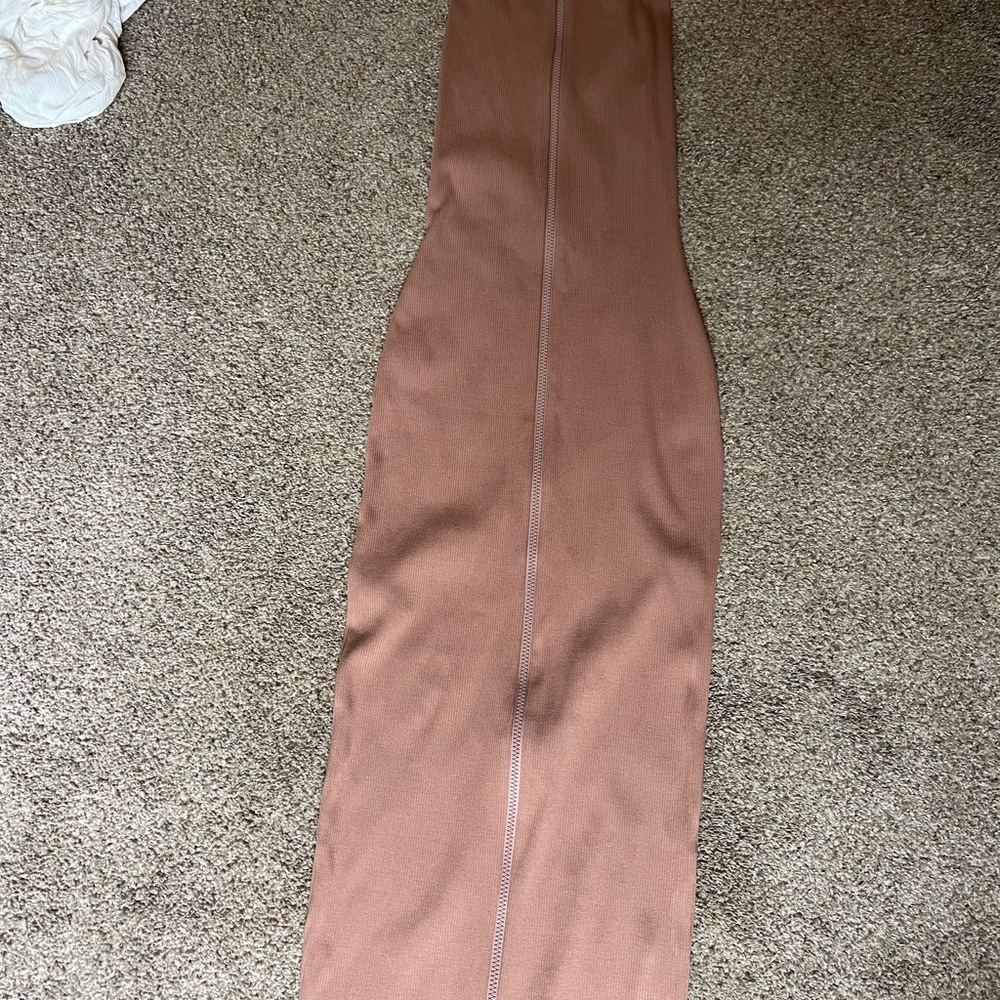 Naked Wardrobe Ribbed Slim Maxi Dress Tan, Medium, Front Zipper